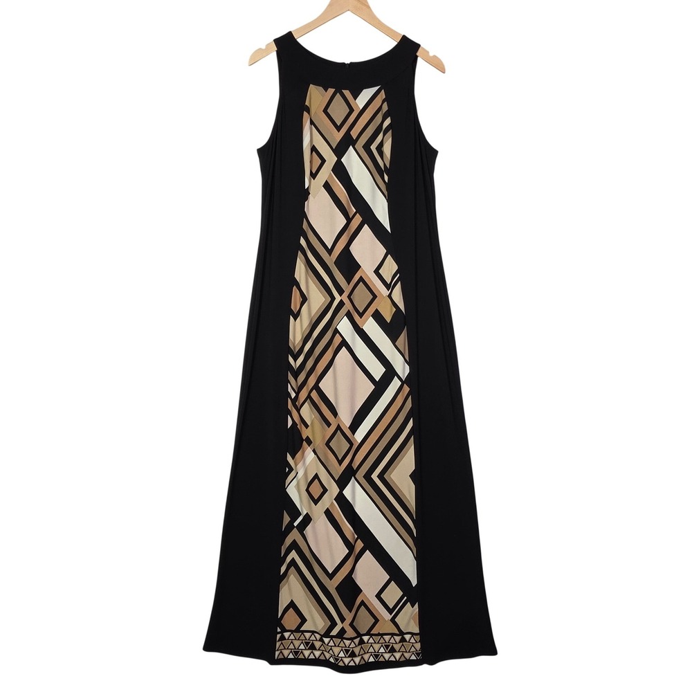 Roz & Ali Womens 16 Black Tan Geometric Sleeveless Maxi Dress Stretch A-Line